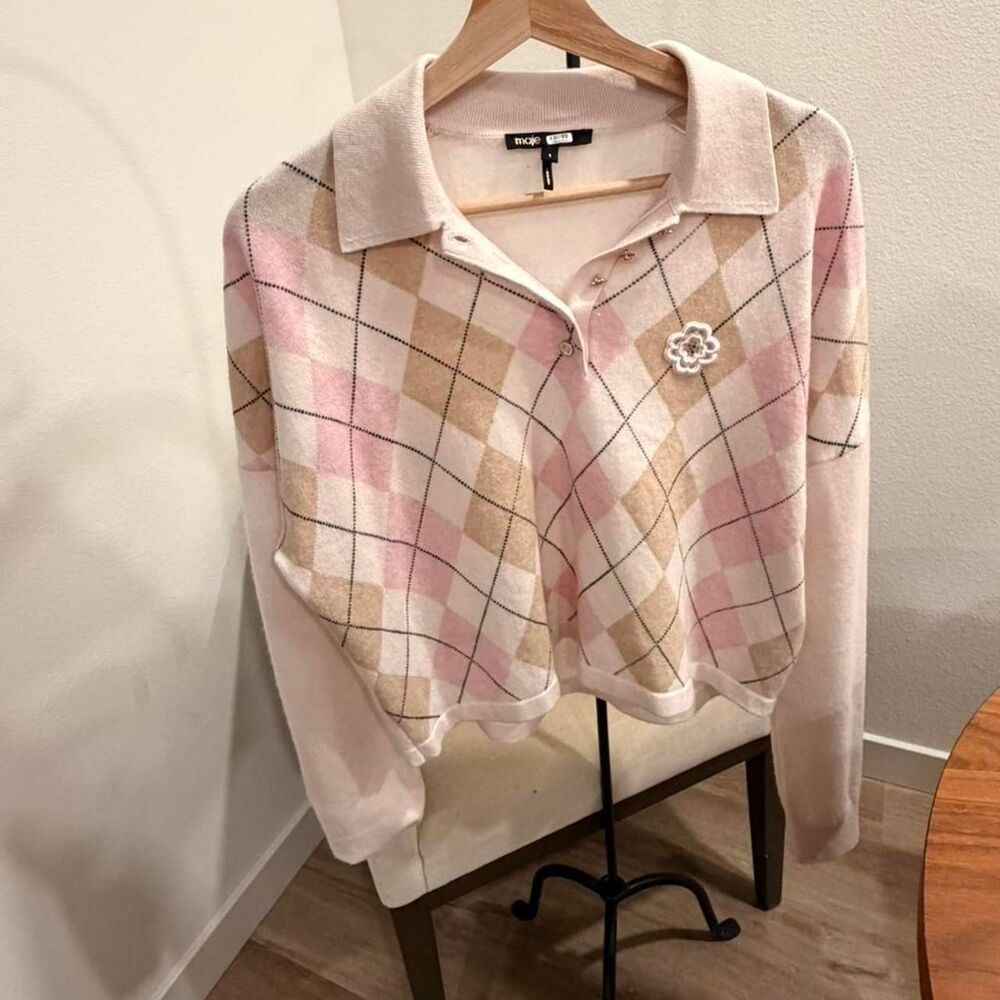 Maje Argyle Knit Polo Sweater - Pink/Beige Pastel - Size 1 (S)